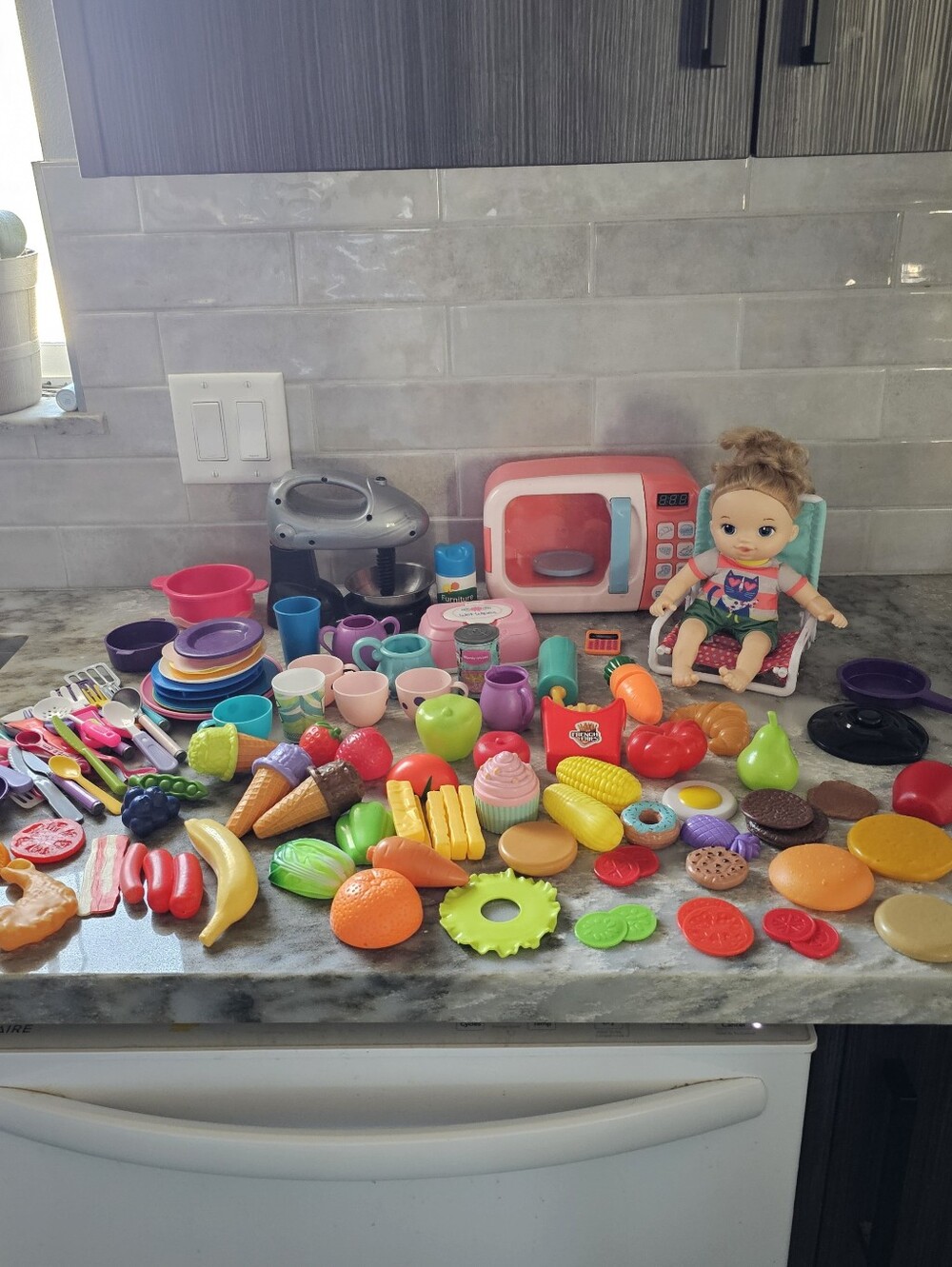 Lot Kids Plastic Play Food Toy Kitchen Accessories Bundle Set Dishes Chair Doll